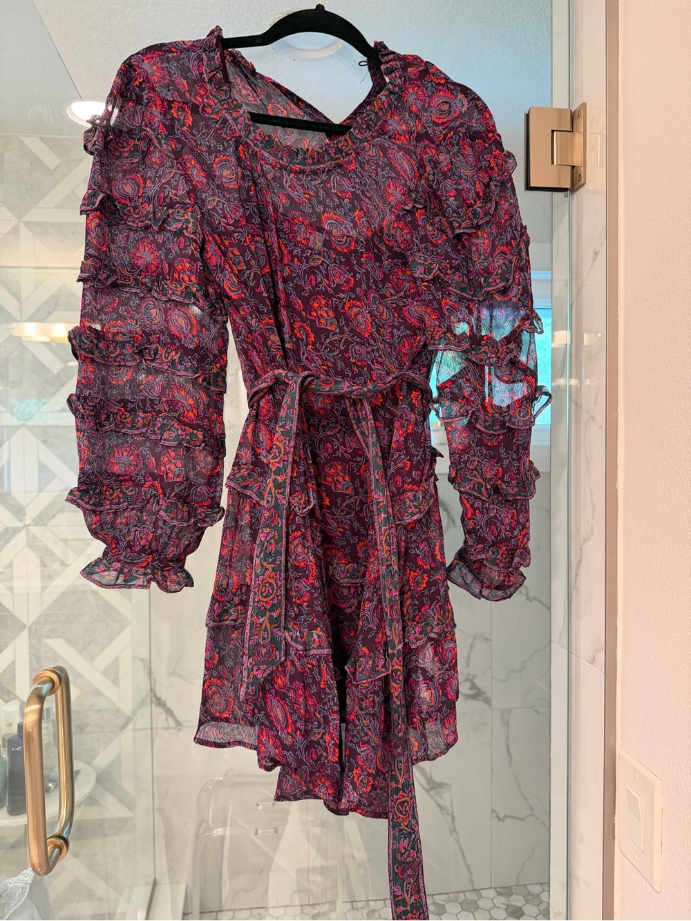 Cleobella Paisley Ruffle Tie-Waist Mini Dress - Purple/Red